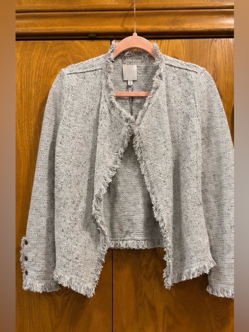 NWT NIC+ZOE Fringe Mix Knit Jacket Sugar Cookie Gray M